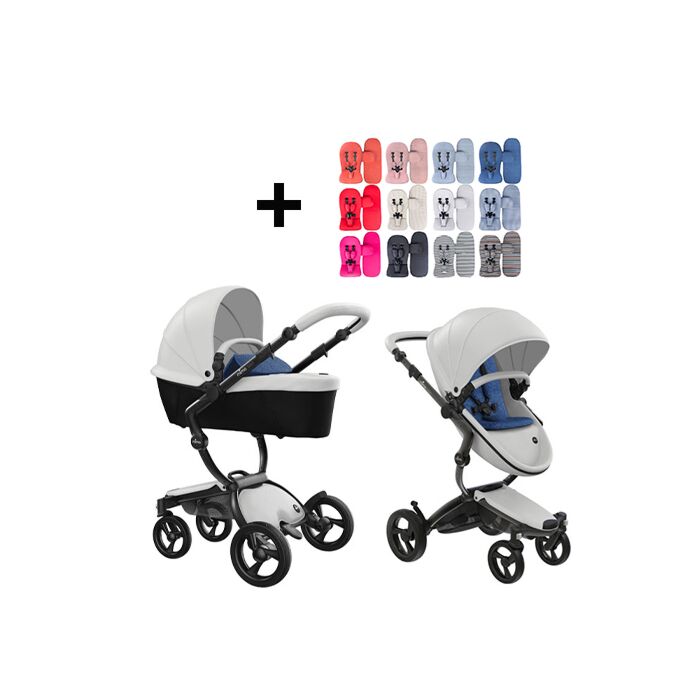 Mima Xari Kinderwagen | Frame - Black | Zitting + Kap - Snow White | Starter Pack - Denim Blue - Babyhuys.com